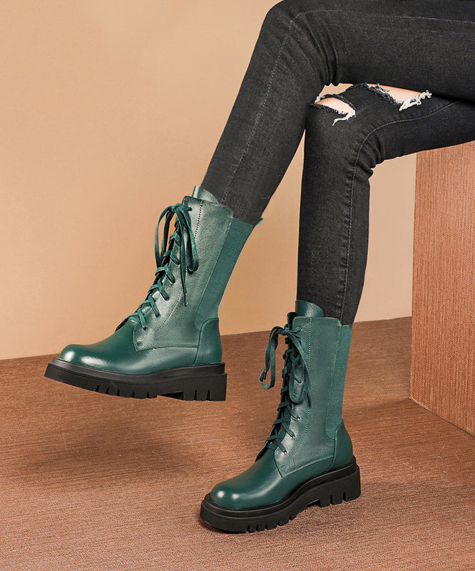 2024 Splicing Platform Boots Green Cowhide Leather Cross Strap