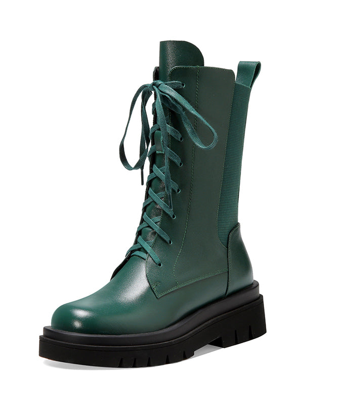 2023 Splicing Platform Boots Green Cowhide Leather Cross Strap