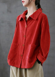 Red Loose Pockets Shirt Top Long Sleeve Corduroy Coat