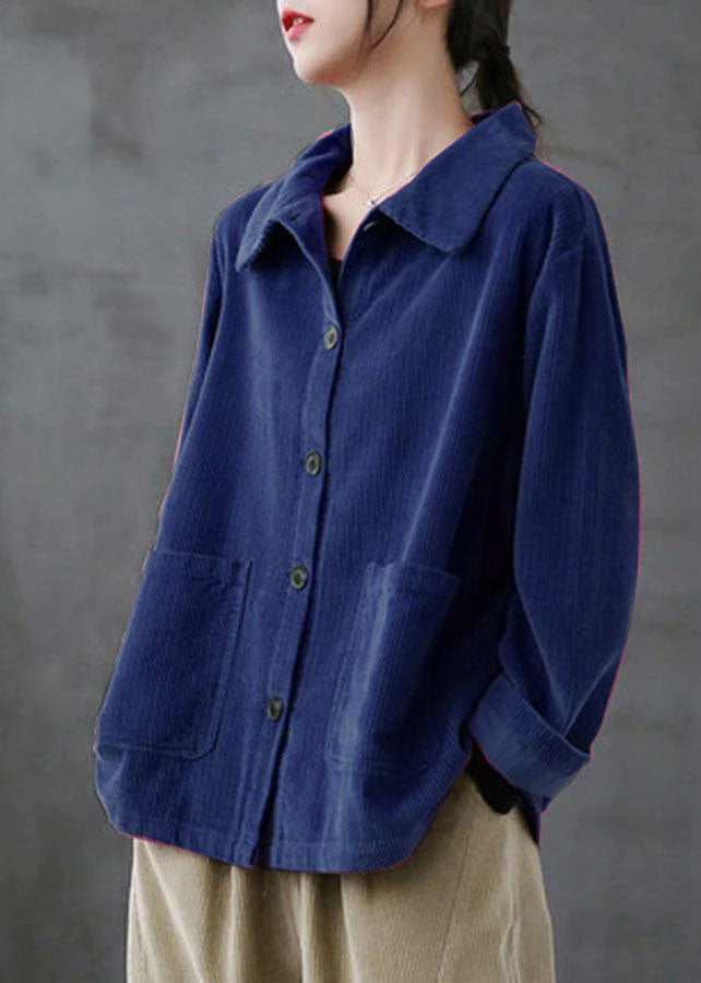 Blue Loose Pockets Shirt Top Long Sleeve Corduroy Coat