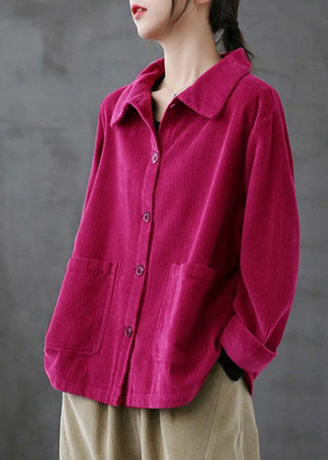 Red Loose Pockets Shirt Top Long Sleeve Corduroy Coat