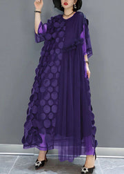 Purple Tulle Party Dresses O-Neck Asymmetrical Half Sleeve
