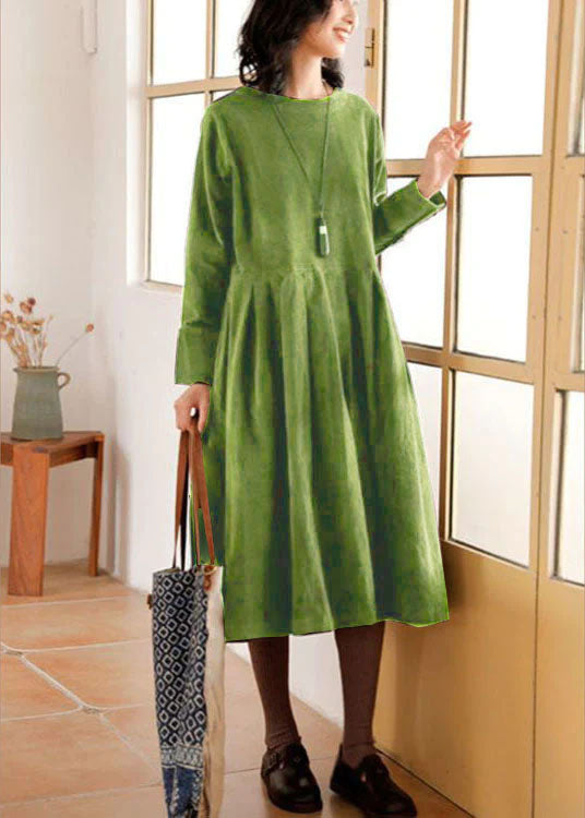 French Green Plus Size Corduroy Dress Pockets Button Patchwork Fall Dresses