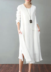 Vintage weißes Baumwoll-Leinen-Maxikleid Locker sitzende Baggy-Kleider mit O-Ausschnitt Neue Langarm-Patchwork-Kleider