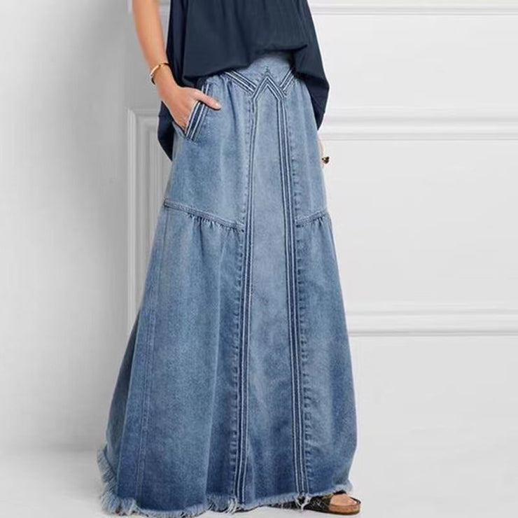 Damen Distressed Solid Color Elastische Taille Loser Jeansrock mit Tasche
