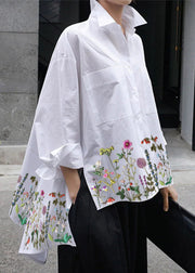 Natural White Floral Peter Pan Collar Low High Design Button Pockets Cotton Shirts Long Sleeve