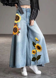 DIY Light Blue-chrysanthemum fashion Pockets Casual Wide Leg Fall Denim Pants