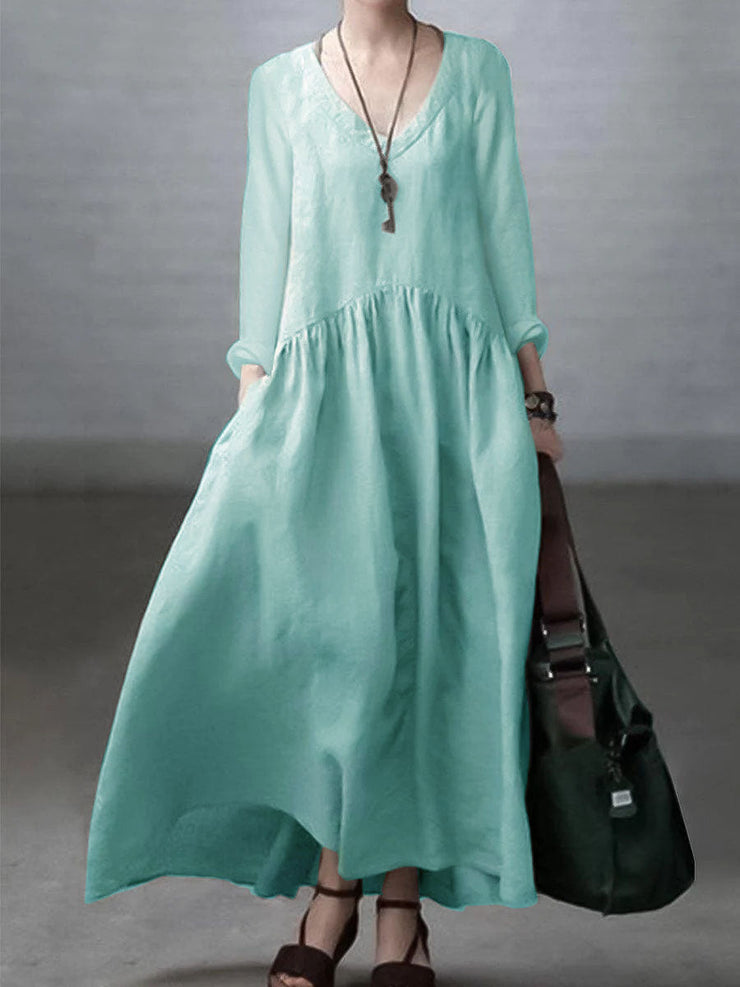 Sky blue Simple and Loose V-neck Cotton and Linen Dress