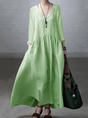 Light green Simple and Loose V-neck Cotton and Linen Dress