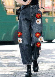 Style Navy-Floral High Waist Pockets Harem Casual Fall Denim  Pants