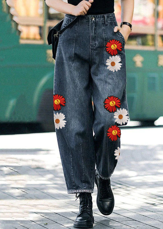 Style Navy High Waist Taschen Harem Lässige Herbst Jeanshose