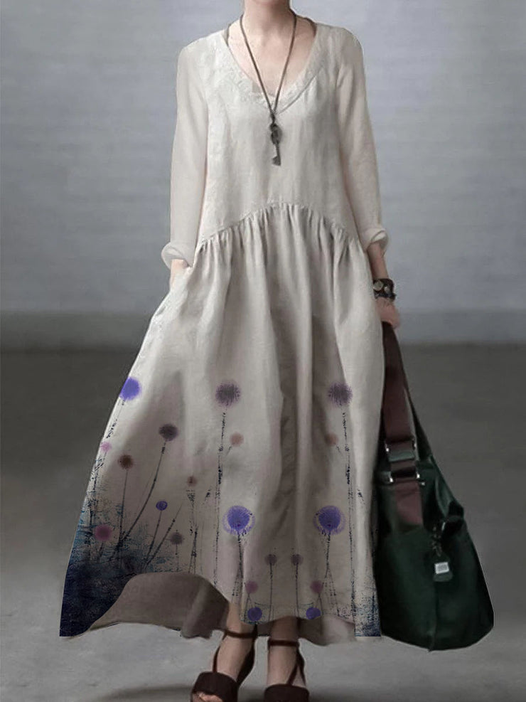 Ivory-lotus Simple and Loose V-neck Cotton and Linen Dress