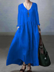Royal blue Simple and Loose V-neck Cotton and Linen Dress