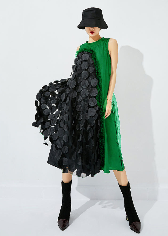 Bohemian Tea Green-Black Dot Asymmetrical Patchwork Wrinkled Tulle Maxi Dress Sleeveless