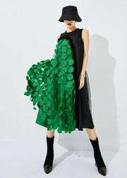 Bohemian Light Green-Black Dot Asymmetrical Patchwork Wrinkled Tulle Maxi Dress Sleeveless