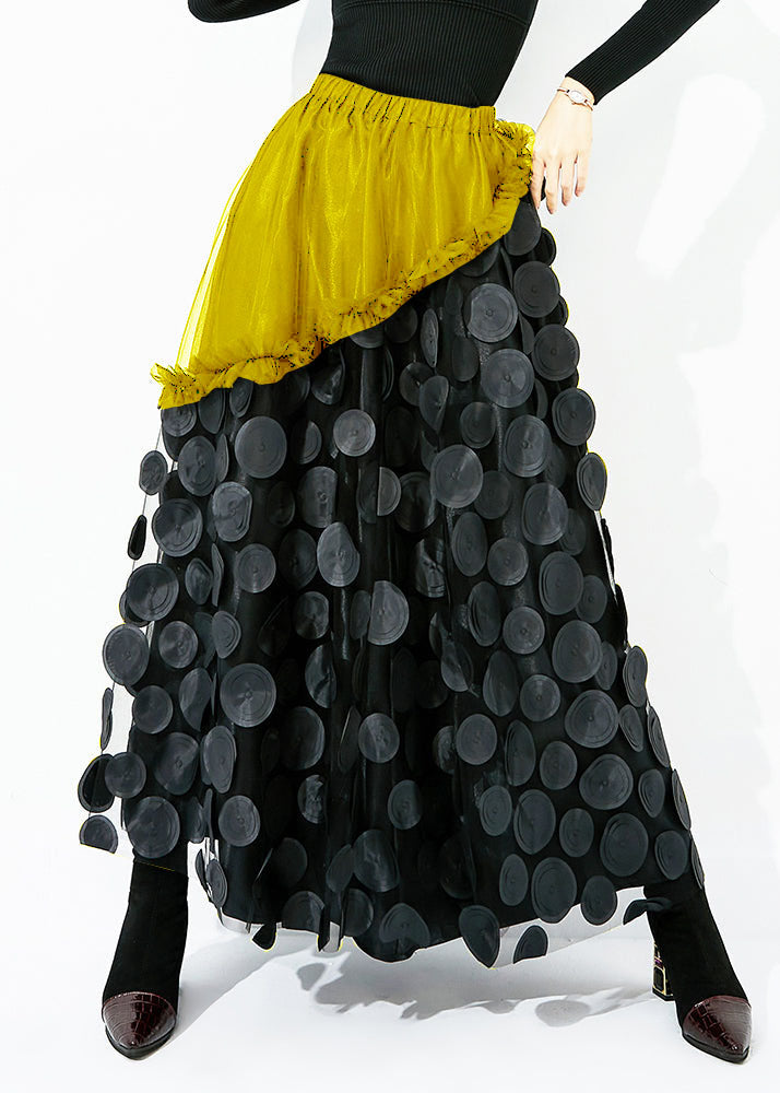Original Design Black-Blue Dot Elastic Waist Patchwork Wrinkled Tulle Skirt Summer