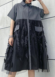 Beautiful lapel tulle Cotton summer clothes For Women Shape black Dress
