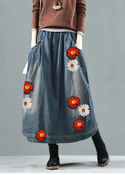 Blue-red flower Pockets Retro Patchwork Summer Skirts Denim