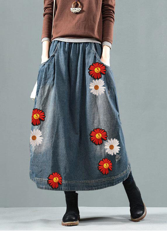 Blue-red flower Pockets Retro Patchwork Summer Skirts Denim