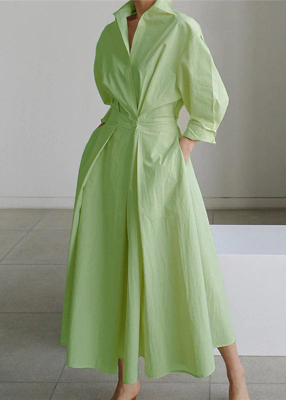 2023 Green Peter Pan Collar Pockets Cotton Dress Long Sleeve