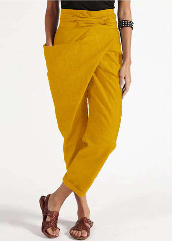 Handmade Yellow  asymmetrical design High Waist Cotton Harem Summer Pants