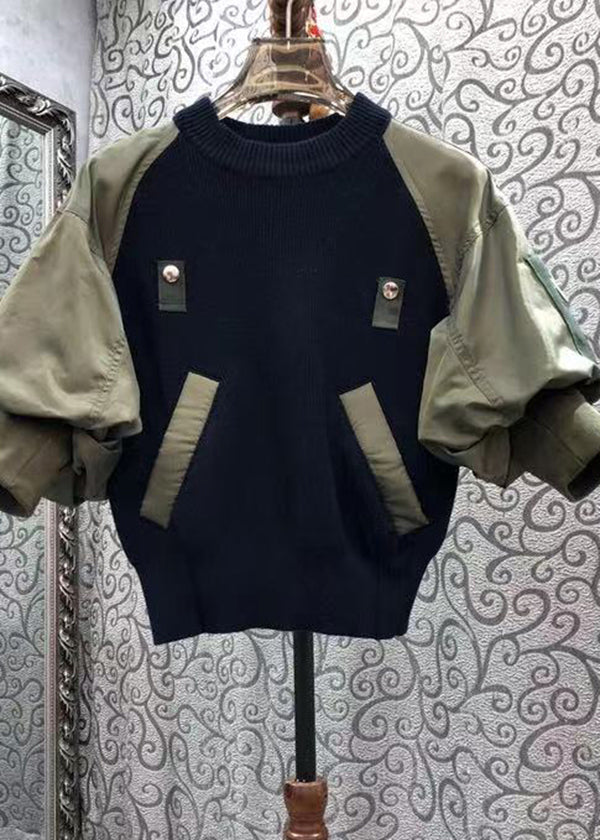 2024 Early Spring Army Green O-Neck Patchwork Knitted Top