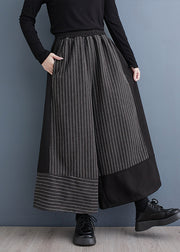 2024 New Black Striped Patchwork Elastic Waist Woolen Wide Leg Pants Spring