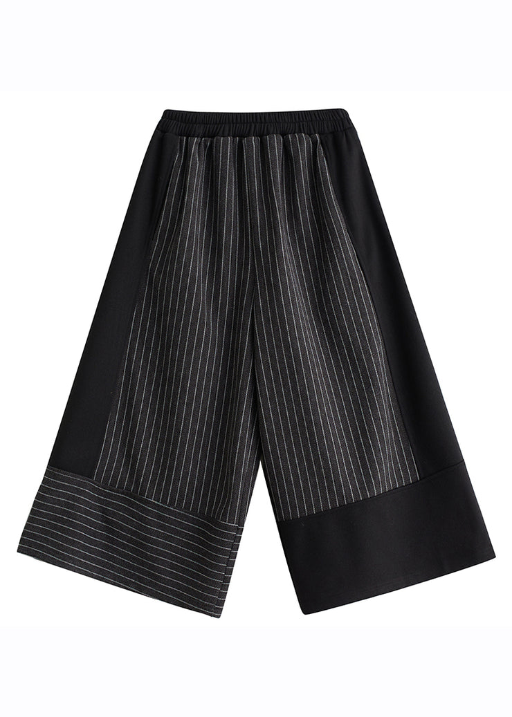 2024 New Black Striped Patchwork Elastic Waist Woolen Wide Leg Pants Spring