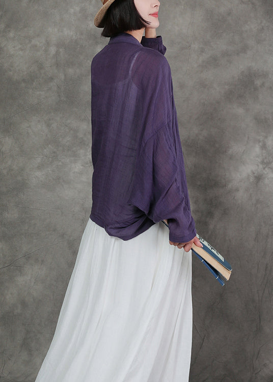 2024 New Original Purple V Neck Linen Cardigan Bat Sleeves