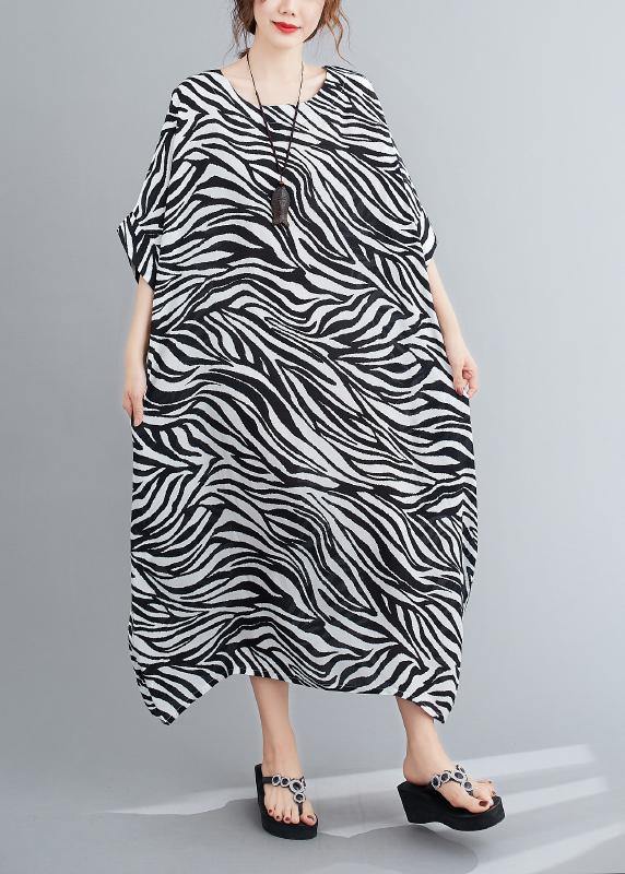 Handmade Black Striped Dress Pattern O Neck Batwing Sleeve Dress - SooLinen