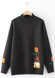 Women Black Sunflower Knitted Top High Neck Trendy Plus Size Sweaters - SooLinen