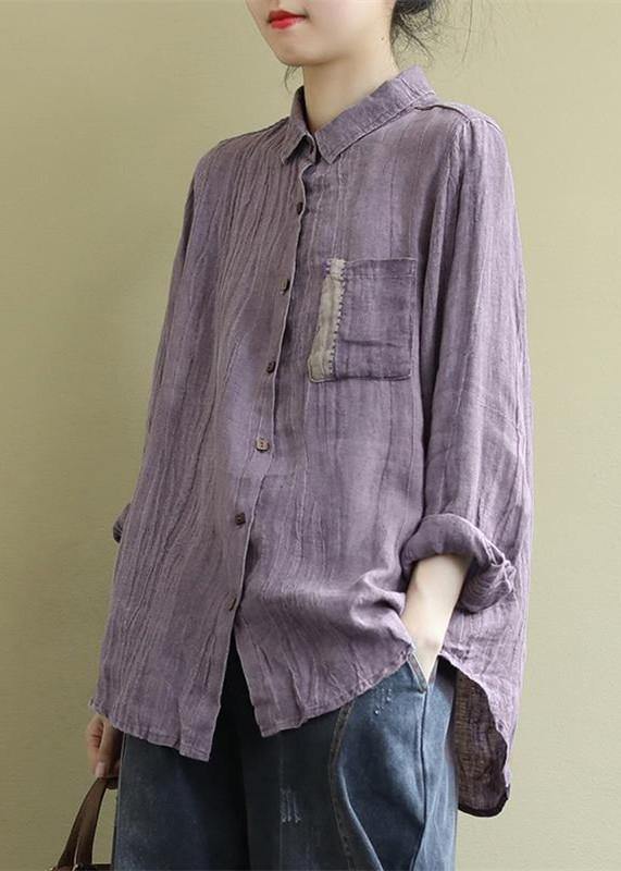 Art Lapel Wrinkled Shirts Inspiration Purple Blouses - SooLinen