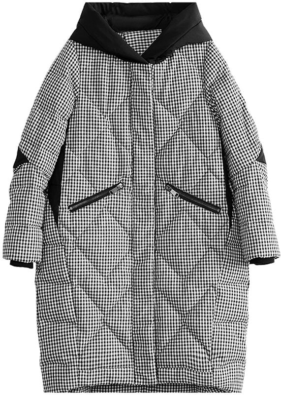 Luxury Plus Size Clothing Outwear Black Plaid Hooded Pockets Zippered Parkas