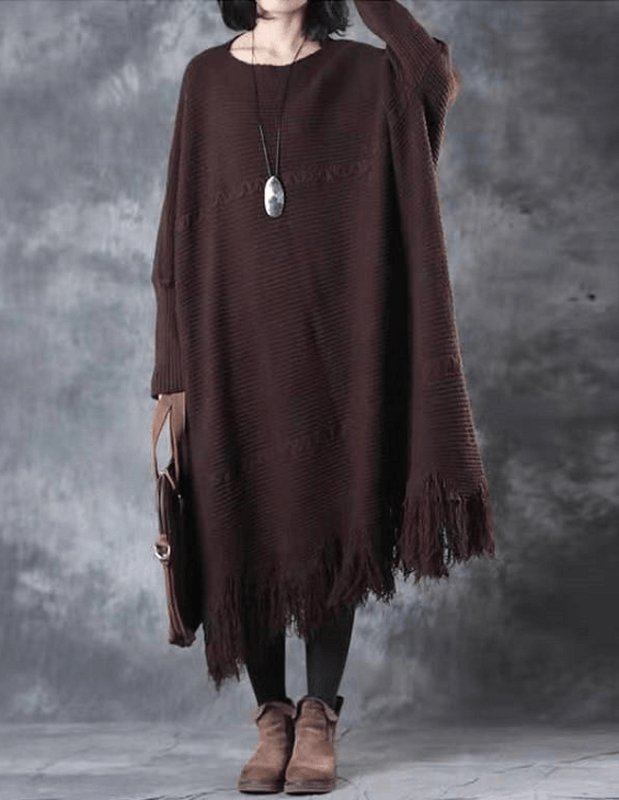 2021 Fall Tassel Sweater weather Vintage chocolate Fuzzy sweater dress - SooLinen