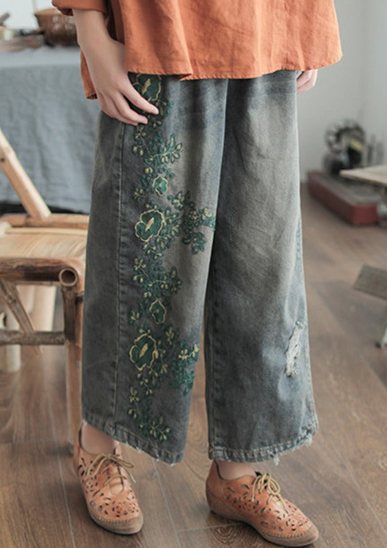 Original Embroidered Wide-Leg Column Denim Pants