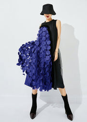 Bohemian Black-Blue Dot Asymmetrical Patchwork Wrinkled Tulle Maxi Dress Sleeveless