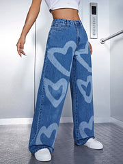 Urban Heart Shape Printed Wide Leg Denim Pants