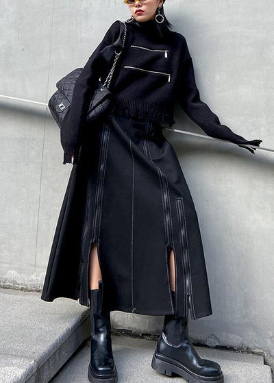 A-line skirt women's high waist mid length winter fashion black skirt - SooLinen