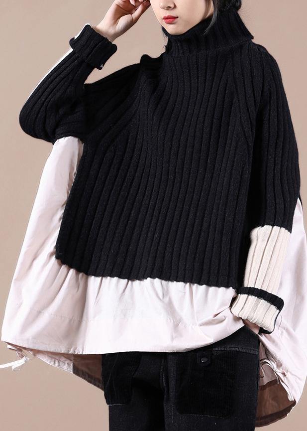 Aesthetic Black Top High Neck Patchwork Plus Size Clothing Spring Knitted Blouse - SooLinen