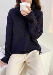 Aesthetic Navy Knitted Top High Neck Oversized Spring Sweaters - SooLinen