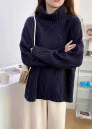 Aesthetic Navy Knitted Top High Neck Oversized Spring Sweaters - SooLinen