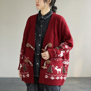 Aesthetic Red knit jacket Loose fitting Loose Deer Print knit outwear - SooLinen