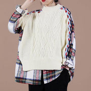 Aesthetic beige plaid sweater tops o neck false two pieces casual knit sweat tops - SooLinen