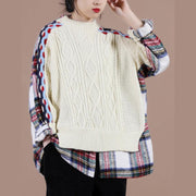 Aesthetic beige plaid sweater tops o neck false two pieces casual knit sweat tops - SooLinen