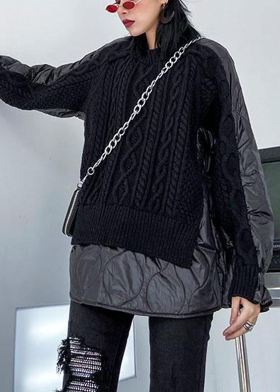 Aesthetic black knit blouse o neck patch work fashion spring knit sweat tops - SooLinen