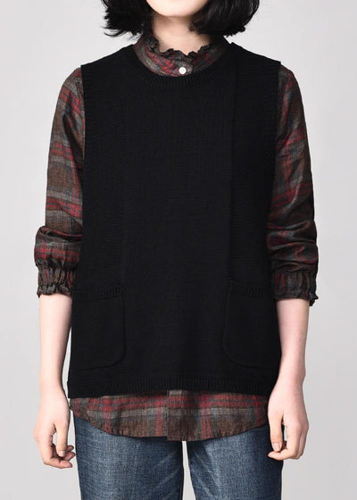 Aesthetic black sweater coat plussize sleeveless knit sweat tops o neck - SooLinen