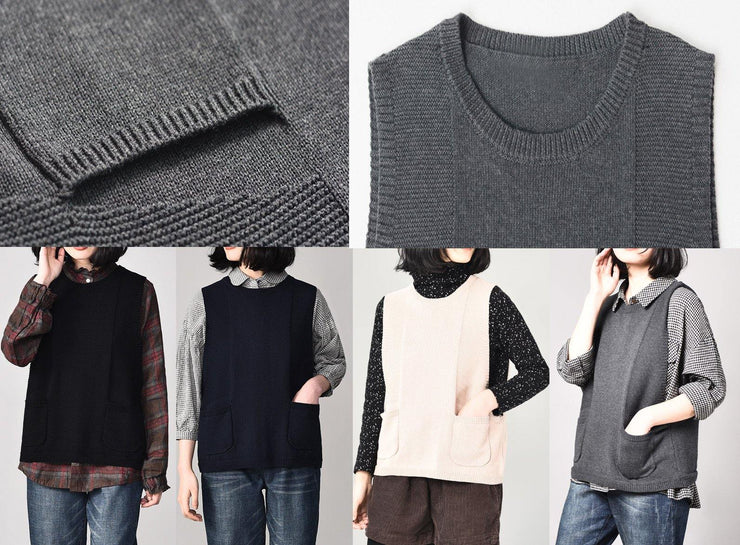 Aesthetic black sweater coat plussize sleeveless knit sweat tops o neck - SooLinen