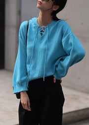Aesthetic blue Sweater Blouse hooded drawstring casual knitwear - SooLinen