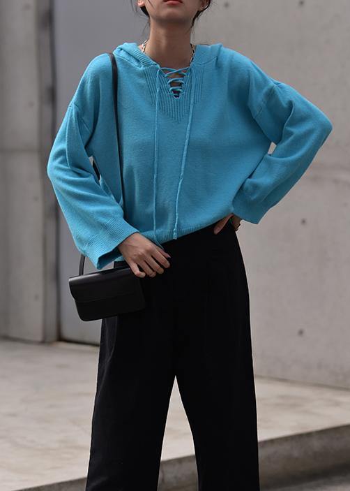 Aesthetic blue Sweater Blouse hooded drawstring casual knitwear - SooLinen