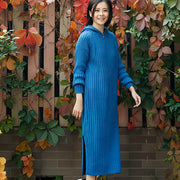 Ästhetische blaue Pullover-Outfits plus Größe Tunika mit seitlich offenem Strickkleid und Kapuze